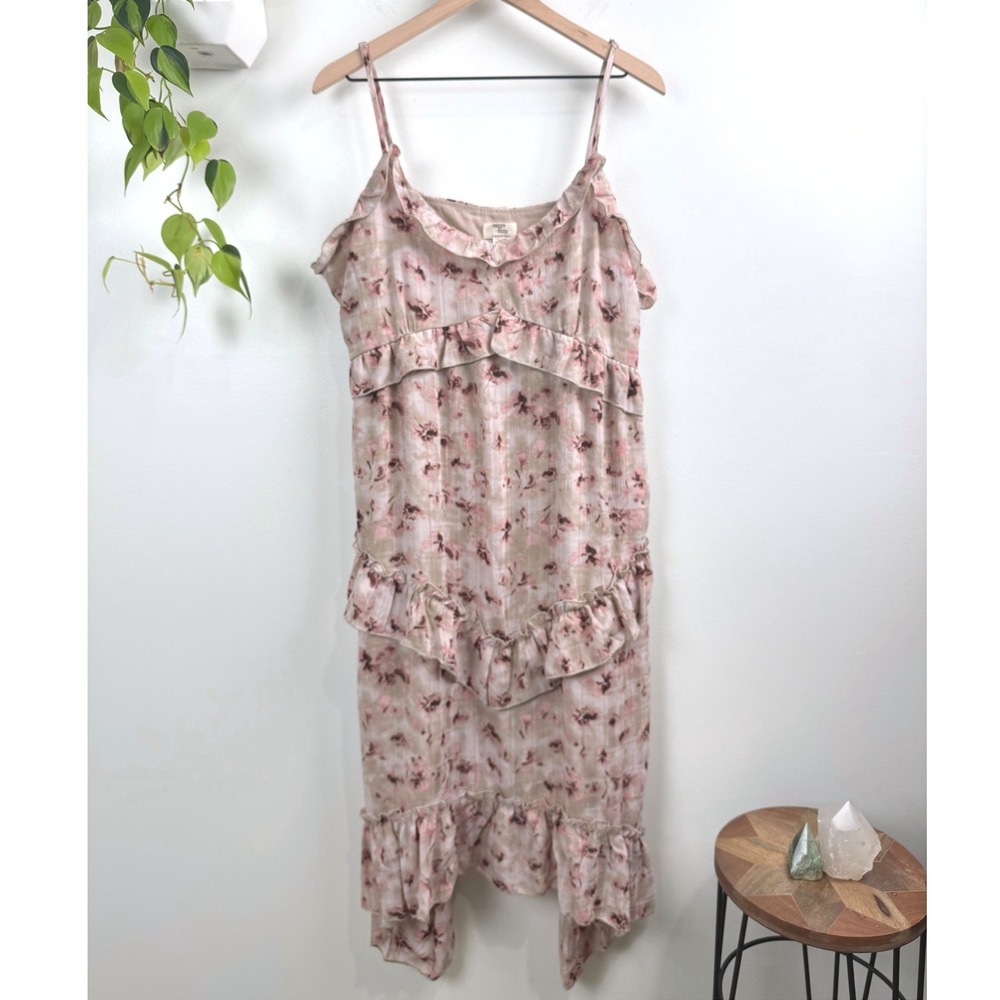 Dizzy Lizzy Pink Floral Ruffle Tiered Midi Dress Handkerchief Hem 1X Romantic